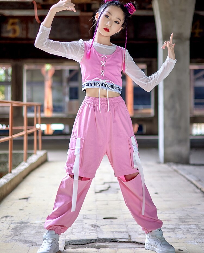 Girls Kpop Clothes Pink Tops Pants Hip Hop Street Dance Outfit