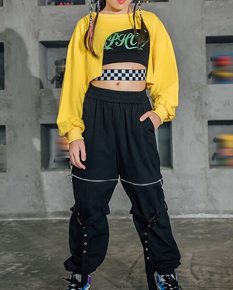 Hip Hop Kids Jazz Dance Clothes Girls Tops Yellow Long Sleeves Cargo Pants  Modern Street Dance Performance Costume Bl71 size 170cm Color 3pcs