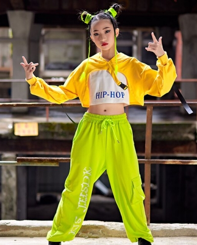 Kids Hip Hop Clothing Girls Hooded Crop Top Green Sweatpants