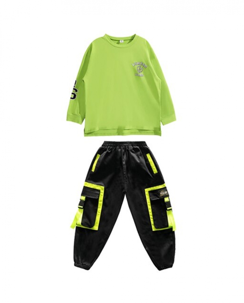 2023 Boys Hip Hop Costume Loose Green Sweater Black Cargo Pants