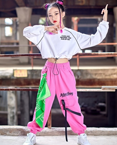 Modern Dance Clothes Girls Kpop Long Sleeves Outfit White Tops Pink Hip Hop Dance  Pants Fashion Kids Costume Streetwear size 120CM Color Tops