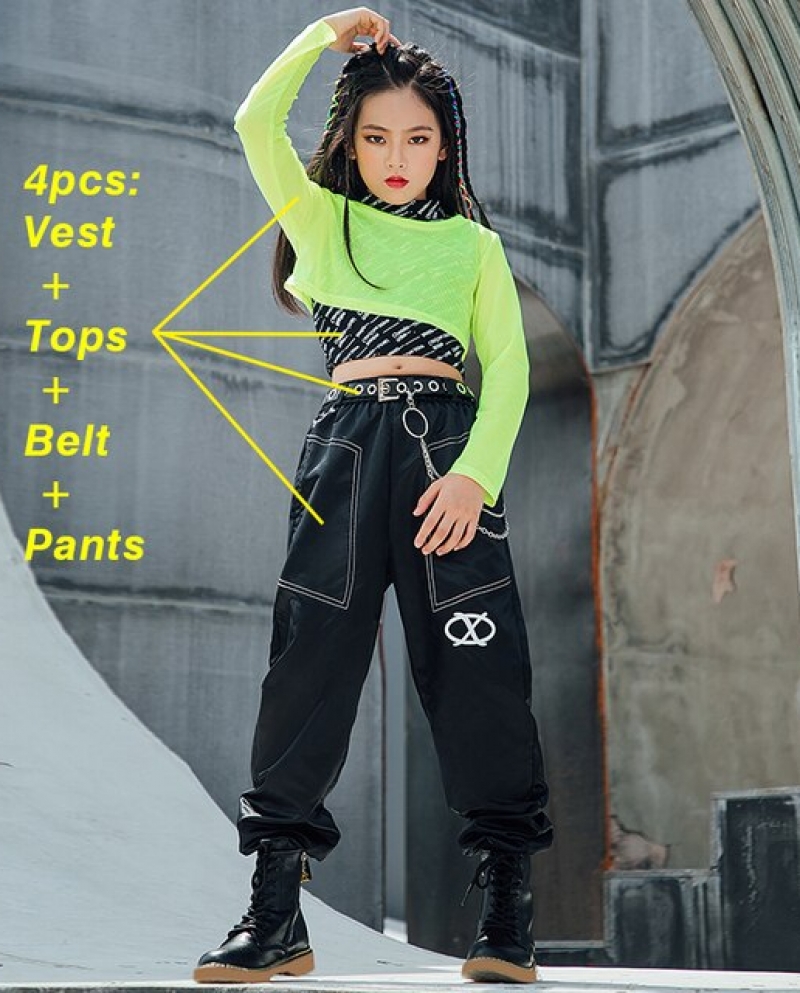 New Girls Jazz Dance Costume Green Tops Black Cargo Pants Overalls Long  Sleeves Hip Hop Clothes Kids Modern Street Wear size 150cm Color 4pcs