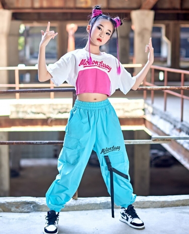 Kids Street Dance Hip Hop Clothes For Girls Striped Tops Pink Cargo Pants  Loose Long Sleeves Jazz Performance Wear Bl73 size 150cm Color 2pcs