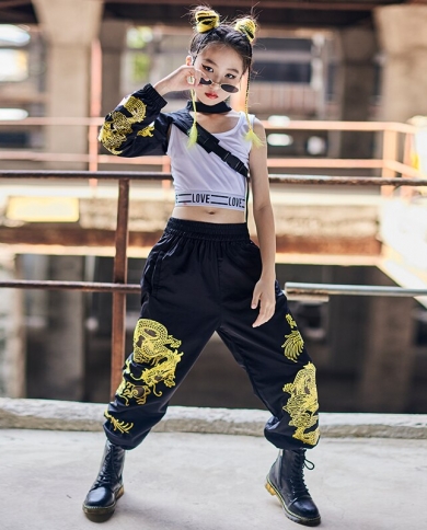 Children Hip Hop Costume Black Single Sleeve Suit Chinese Hiphop Pants  Modern Jazz Dance Clothes Girls Festival Clothing size 170cm Color 3pcs