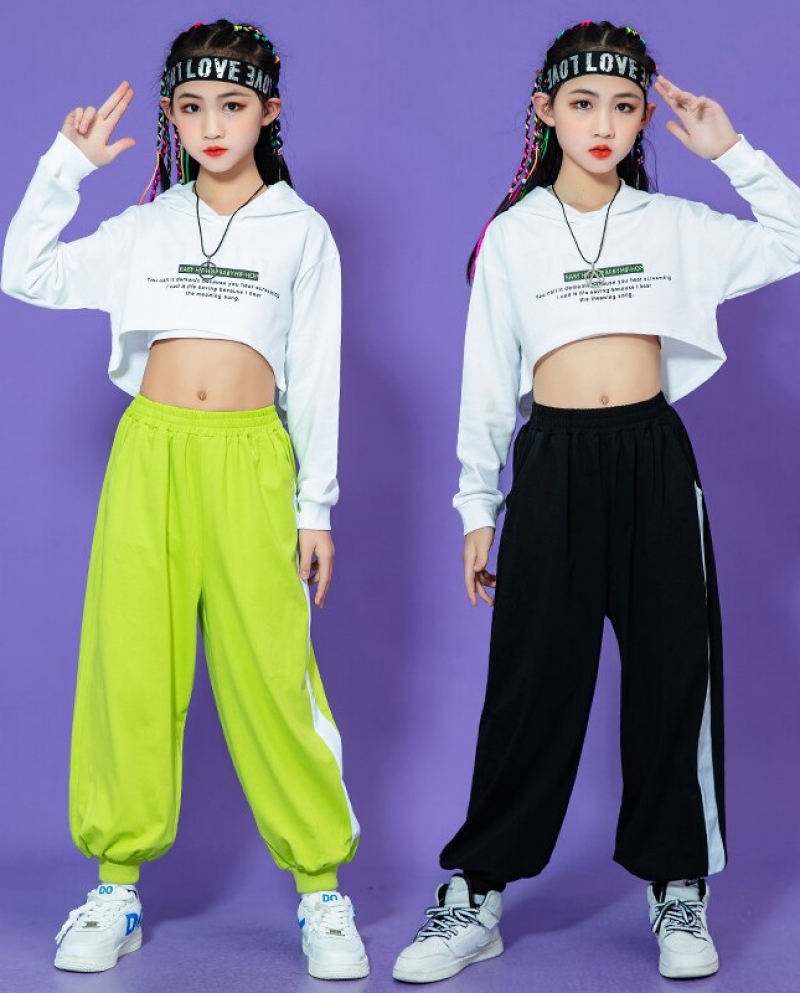 Girls Hip Hop Dance Clothes White Crop Tops Black Hip Hop Pants Modern Jazz  Fashion Wear Street Dance Kpop Costume Kids size 170cm Color 3pcs