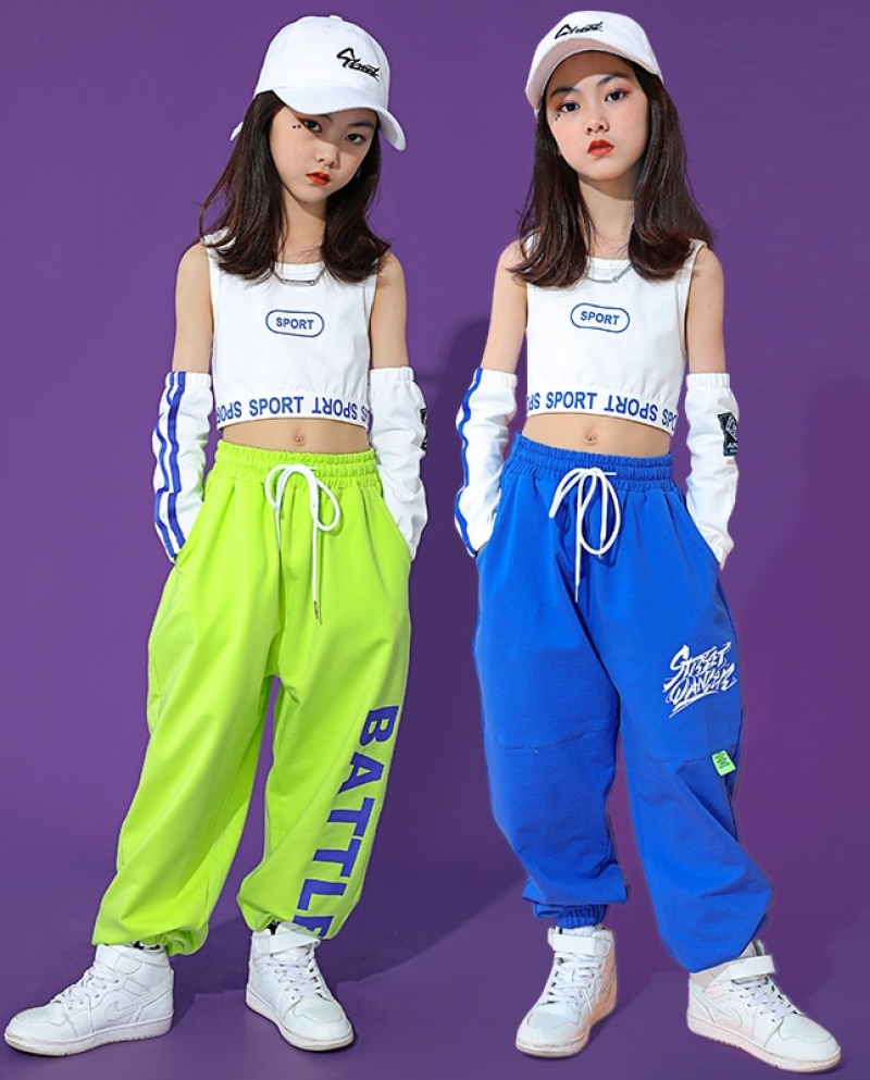 Girls Kpop Jazz Dance Clothes Crop Vest Tops White Sweatpants Hip Hop  Practice Performance Outfit Summer Hiphop Costume size 110CM Color white  vest