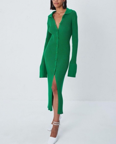 Autumn Knit Bodycon Dress Elegant Long Sleeve Split Slim Sweater Midi Dress  Female Streetwear Y2k Women Clothes Vintage size L Color Dark Coffee