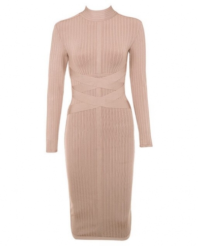 2023 New Winter Bodycon Bandage Dress Women Nude Black Long Sleeve Midi  Club Celebrity Evening Runway Party Dresses size XL Color Apricot