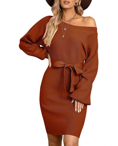 Autumn Knitted Sweater Dress Women Off Shoulder Long Sleeve Solid Color  Mini Dress Ladies Winter Elegant Clothing Vesti size M Color Orange