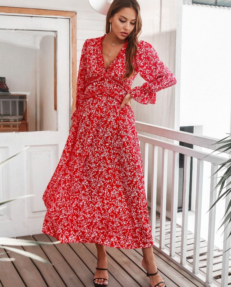 Floral Ruched Flared Long Sleeve Maxi Dress Women Luxury Deep V Casual Dress  Vestidos De Mujer Elegantes Para Fiesta 20 size M Color Green