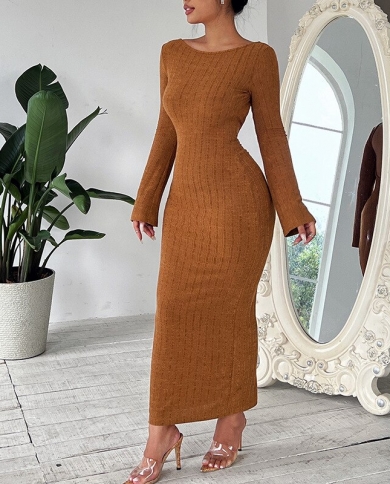 סריג אלגנטי צלעות שרוולים ארוכים שמלת midi bodycon נשים ללא גב slim fit שמלת קזואל נשים תלבושות מועדון לילה נשפים