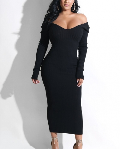 שמלה סרוגה עם שרוול ארוך מחוץ לכתף vneck bodycon מסיבה שמלות סוודר ערב לנשים  סתיו בגדי חורף