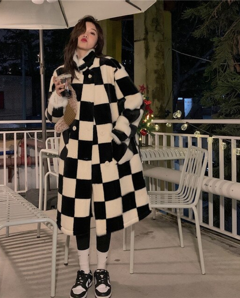 Black and white plaid winter clearance coat