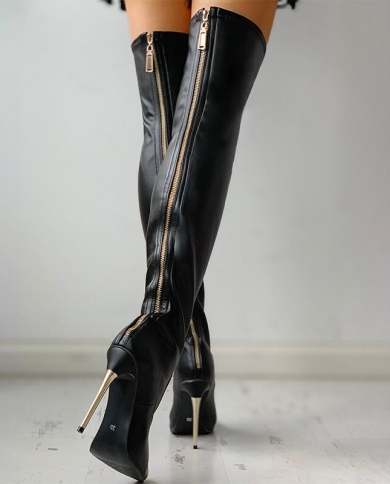 Женские сапоги выше колена, женские черные длинные сапоги на молнии, женские  вечерние сапоги на тонком каблуке с острым носком, צֶבַע Black Shoe Size 36