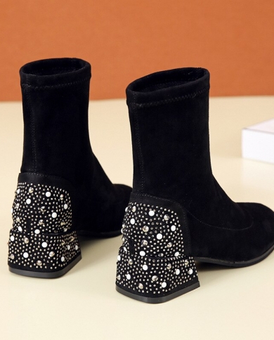 אופנה נשים מגפי קרסול  חדש להקה עקב מרובע zapatos de mujer מגפי פלטפורמה מזדמנים מותג יוקרה מגפיים קצרים w