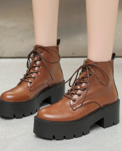 Women's Lace Up Platform Ankle Boots Heels Shoes Autumn and Winter