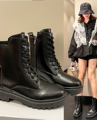 נעלי נשים קלאסיות מגפי אופנה נשים פלטפורמה botas עור pu אופנוע מגף קרסול עקב עבה מגף שרוך רוכסן f