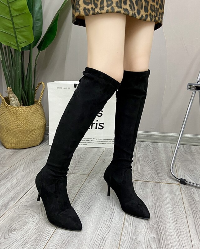 Lady Over The Knee Boots Thin High Heels Autumn Pointed Suede Shoes Woman  Comfortable Slim Stretch Botas Mujer Color Black Shoe Size 40