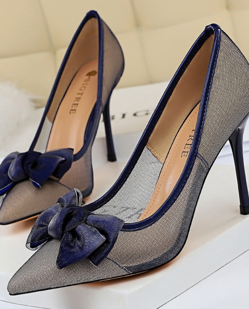 Bigtree Shoes Mesh Hollow Women Pumps Bowknot High Heels Black Blue  Stiletto Heels Party Shoes Women Sandals Female Hee Color Black Shoe Size 36