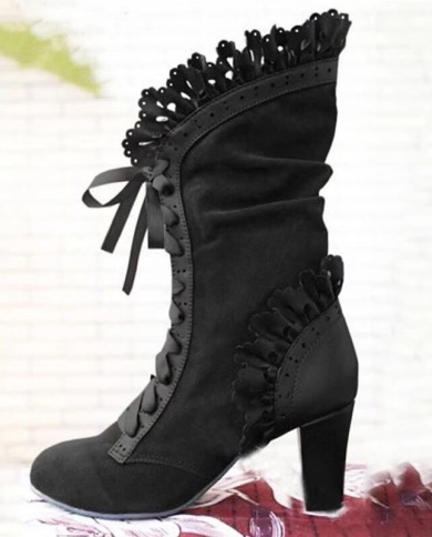 נשים תחרה נשים עקב גבוה מגפי שפופרת בינונית botas zapatos mujer נעלי חורף רטרו עור נעלי חורף קאובוי botas muje