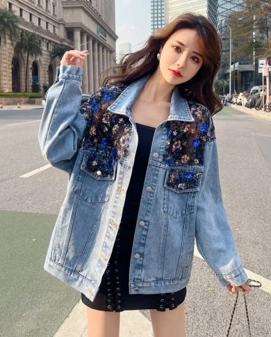 2023 Autumn New Women Denim Jacket Harajuku Lace Jeans Jacket Mesh