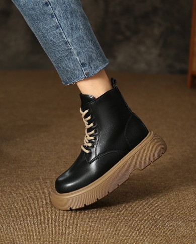 Women Motorcycle Boots Wedges Flat Shoes Woman High Heel Platform Pu Leather Boots Lace Up Women Shoes Black Boots Girls Color Beige Shoe Size 37