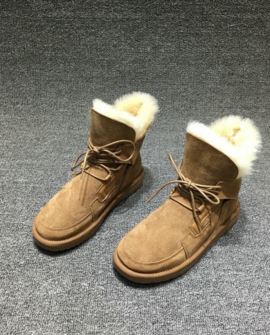 Snow Boots Women Cow Suede Leather Lace 