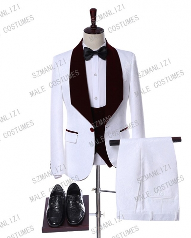 תחפושת homme mariage terno masculino slim fit אלגנטי לבן טוקסידו בורדו דש פייזלי חליפות גברים 3 חלקים עבור weddin