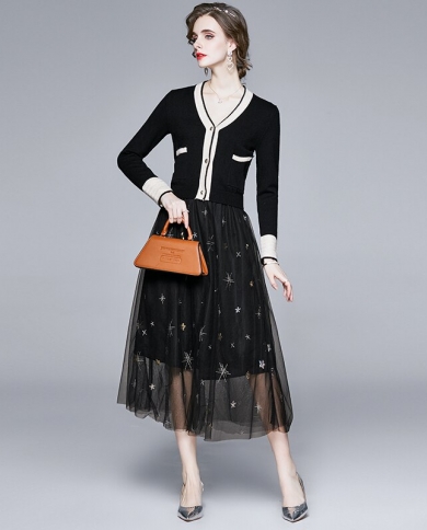 זוומן נשים אביב וסתיו חליפת שמלת רשת אלגנטית סט חלוק מסיבה וינטג באיכות גבוהה femme מעצבת סוודר שחור