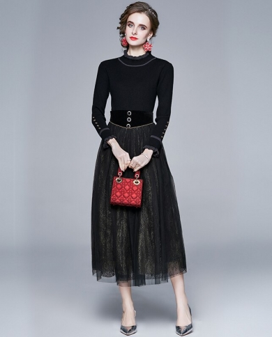 zuoman נשים חליפת שמלת רשת אלגנטית באיכות גבוהה וינטג ארוך חלוק מסיבה למשרד חלוק femme מעצב סוודר שחור ווסט