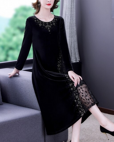 Zuoman Autumn Winter Large Size Gold Velvet Dress Fashion Loose Eegant  Vintage Long Dress Female Vestidos Dresses size XXXL Color Black
