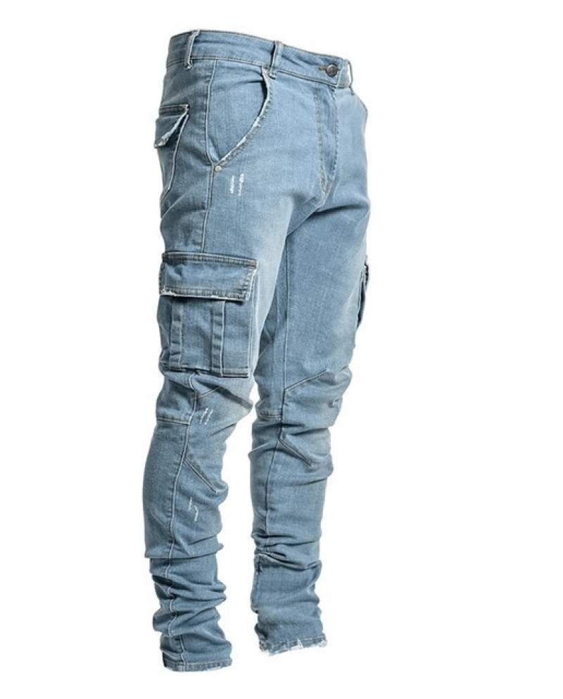 Multi Pocket Cargo Jeans Men New Fashion Denim Pencil Pants Jeans Men Pants  Casual Cotton Denim Trousers Side Pockets Ca size XXXL Color Sky blue