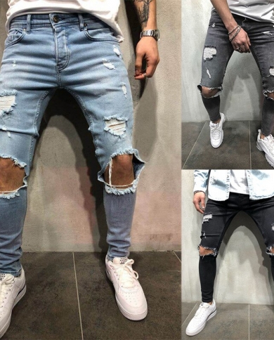 Designer Slim Fit Ripped Jeans Pants Histreet Mens Distressed Denim Joggers Knee Holes Washed Destroyed Jean T XXL Color Black