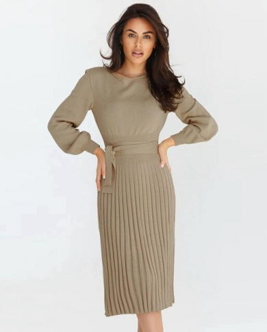Vigojany Women Green Pleated Knitted Dress 2023 Autumn Winter Long Sleeve  Midi Dress Elegant Female Belt Warm Sweater D size XL Color Khaki