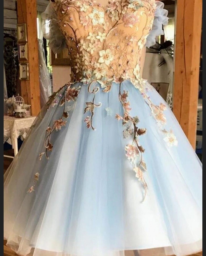 Cute Short Flower Applique Prom Dress Fairytale Honeymoon Tulle Skirt  Floral Event Wear Party Gown Custom Made Plus Size Color White US Size 26W