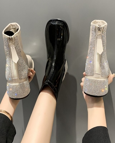 Pu Rhinestone Square Toe Short Boots 