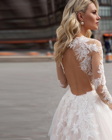 Lace Long Sleeves Boho Wedding Dresses with Open Back