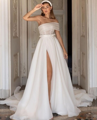 Princess Wedding Dress Glitter One Shoulder A Line Bridal Gown Simple Boho  Side Slit White Custom Made For Women Robe De Color champagne US Size 24W