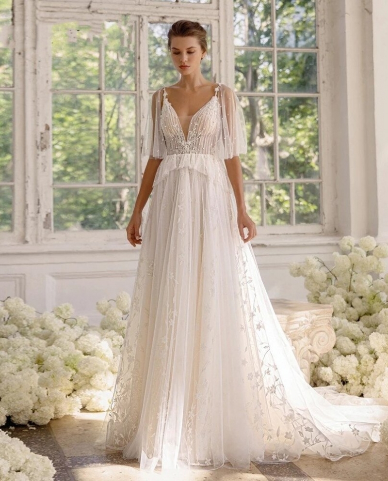 Boho Detachable Cap Sleeves V Neck Wedding Dress 2023 Pearls Lace