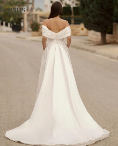 Off Shoulder Charming Lace Backless A-line Satin Wedding Dresses, FC3771