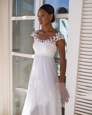Vintage A Line Wedding Dress Scoop Neck Appliques Cap Sleeve High Waist  Illusion Button Back Bridal Gown Civil Vestido Color White US Size 14