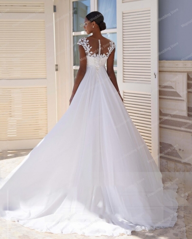 Vintage A Line Wedding Dress Scoop Neck Appliques Cap Sleeve High Waist  Illusion Button Back Bridal Gown Civil Vestido Color White US Size 14