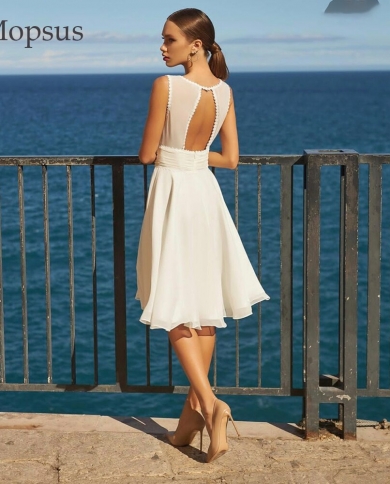 Newest A Line Short Wedding Dress Chiffon V Nek Sleeveless Knee Length Cut Out Back Simple Beach Bride Dress 2023 Robe D Color White US Size 10 Newest A Line Short Wedding Dress Chiffon V Nek Sleeveless Knee Length Cut Out Back Simple Beach Bride Dress 2023 Robe D Color White US Size 10