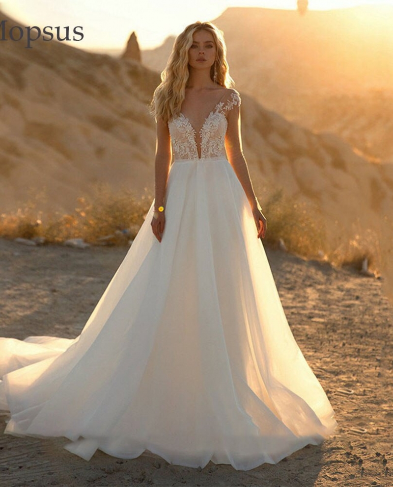 Bride Gown A-Line Appliques Tulle O-Neck Bridal Gowns Full Sleeves