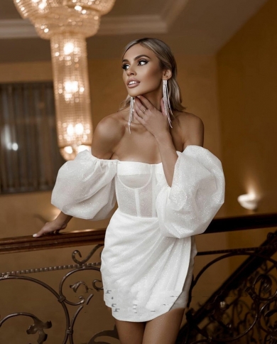 Shine Glitter Tulle Short Wedding Dress Puff Sleeve Beach Sweetheart Bride  Dresses Above Knee Len Costomize Civil Robe D Color champagne US Size 10