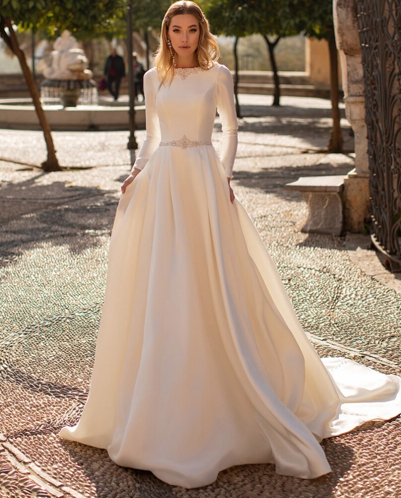 Unique Long Sleeve A-line Wedding Dress. Deep V-neck Open Back - Etsy