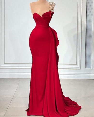 2023 Red Mermaid Prom Dress Deep V Neck One Shoulder Hand Beaded