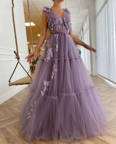 2023 Elegant Lavender A Line Prom Dress V Neck Sleeveless Applique Occasion Evening Gown Ruffles Tulle Robe De Soire Color Silver US Size 8 2023 Elegant Lavender A Line Prom Dress V Neck Sleeveless Applique Occasion Evening Gown Ruffles Tulle Robe De Soire Color Silver US Size 8
