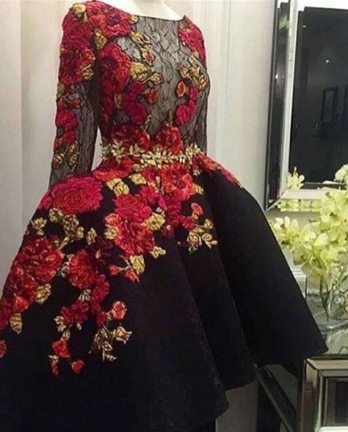 Charming Black Embroidery Lace Long Sleeve Prom Dresses Top Quality Applique Satin Hi Lo Sheer Custom Made Evening Dres Color Blue US Size 8 Charming Black Embroidery Lace Long Sleeve Prom Dresses Top Quality Applique Satin Hi Lo Sheer Custom Made Evening Dres Color Blue US Size 8