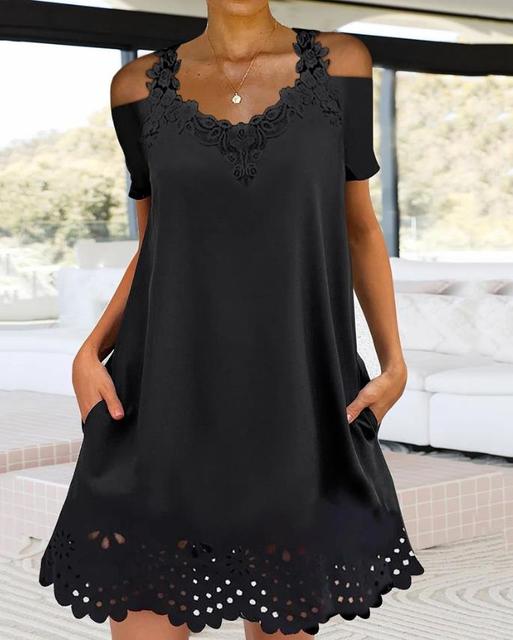 Summer Dresses Woman 2023 Contrast Lace Hollow Out Pocket Cold Shoulder  Short Sleeve Fashion Casual Straight Mini Dress size XL Color A